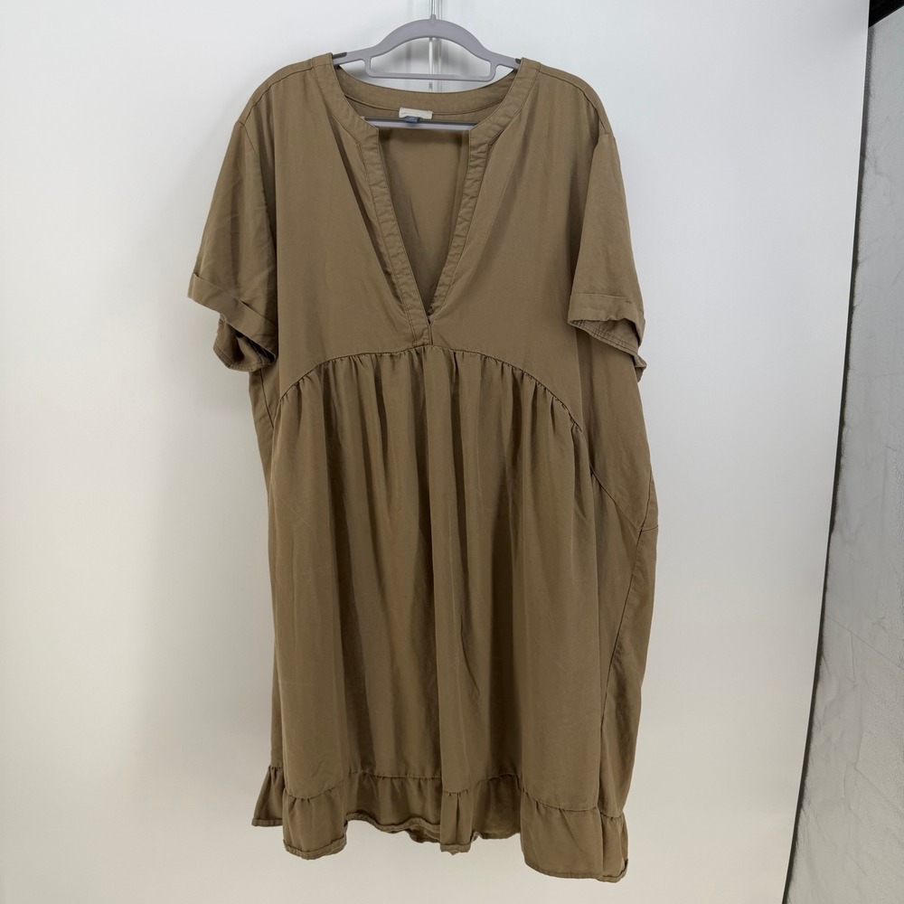 Yarn & Sea Dress Womens 1X Brown Tencel Babydoll Ruffle Hem Cottagecore Utility